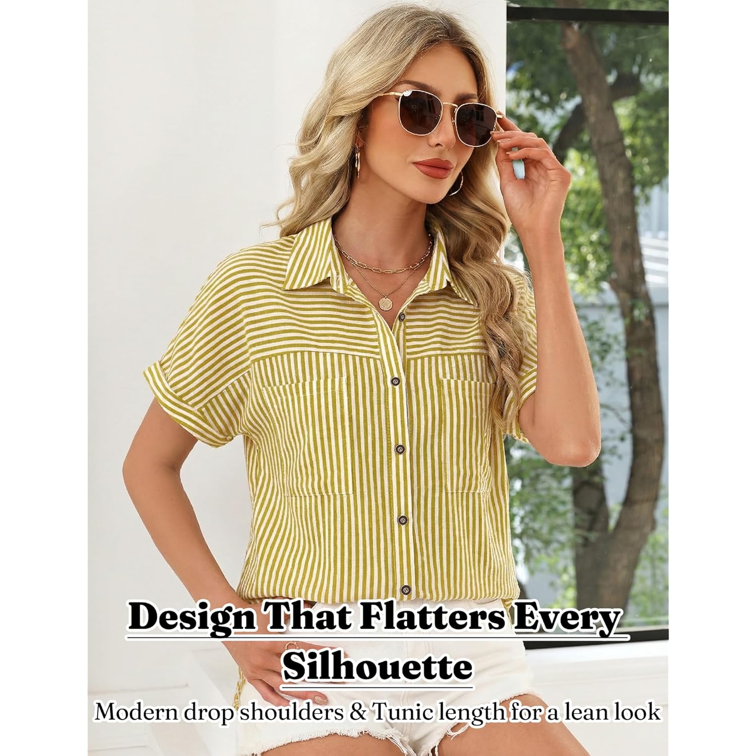 Button Down Shirt for Women Short Sleeve Blouses Dressy Casual Business Work Summer Vacation Tops Hawaii Shirts with Pockets