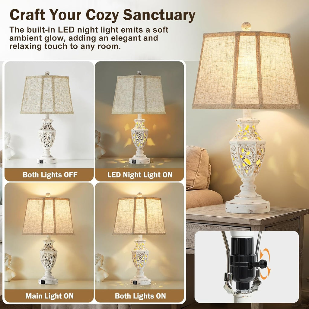 Lamps For Night Stands Set Of 2-23.5" Boho Bedside Lamp With Usb A+C And Nightlight - Cream Rustic Carved Resin Farmhouse Table Lamp For Bedrooms, End Tables, Living Room, Bulbs Included