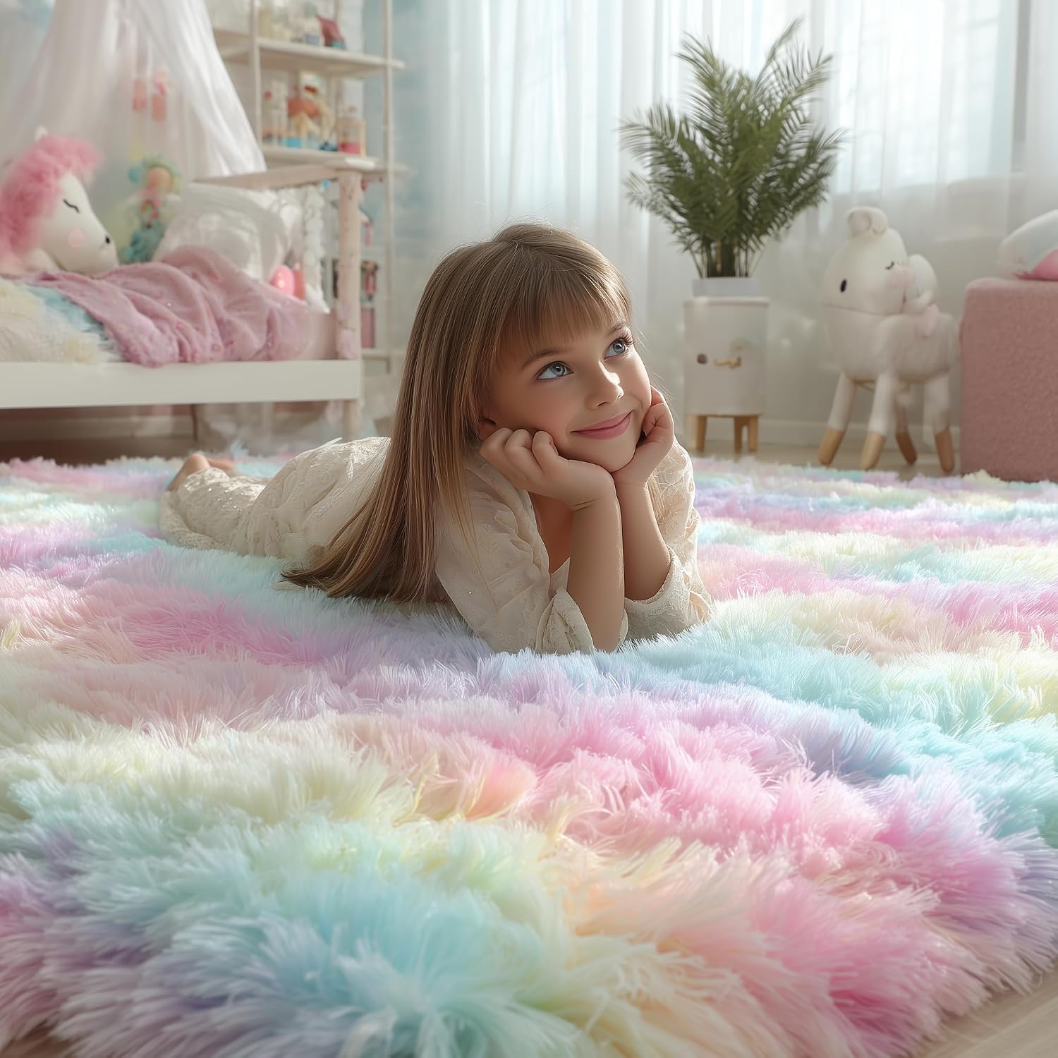 4X6 Rainbow Fluffy Soft Plush Area Rugs For Girls Bedroom, Shaggy Vibrant Rugs For Kids Playroom,Kawaii Princess Fuzzy Rugs For Nursery Baby Toddler,Cute Colorful Room Decor For Teenage