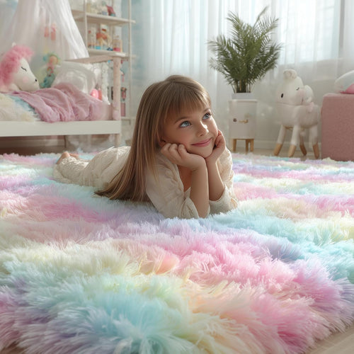 4X6 Rainbow Fluffy Soft Plush Area Rugs For Girls Bedroom, Shaggy Vibrant Rugs For Kids Playroom,Kawaii Princess Fuzzy Rugs For Nursery Baby Toddler,Cute Colorful Room Decor For Teenage
