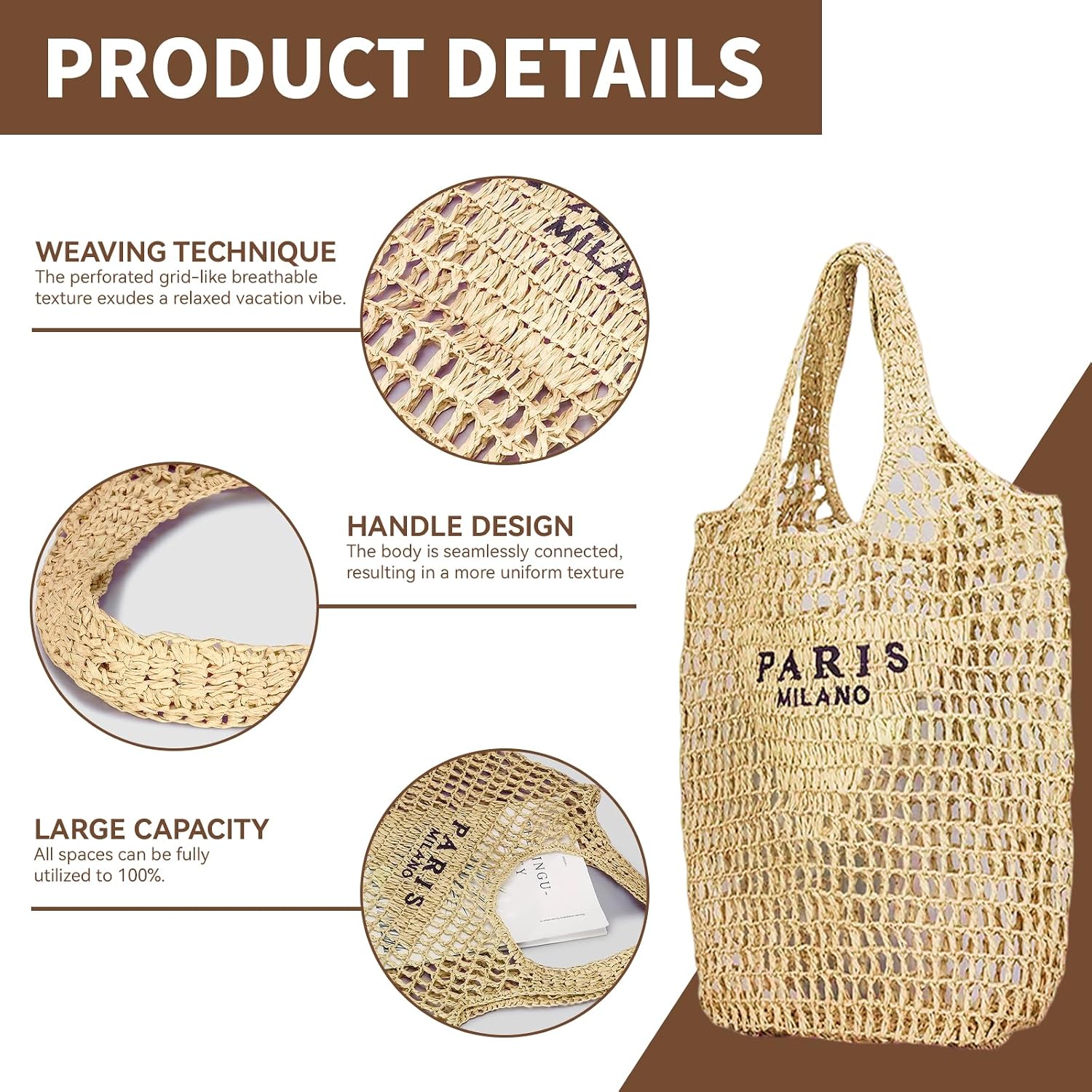 Pooopssd New Woven Bag, Straw Mesh Tote Bag, Beach, Shoulder Bag, Hobo Women, Foldable Large Capacity, For Holiday.
