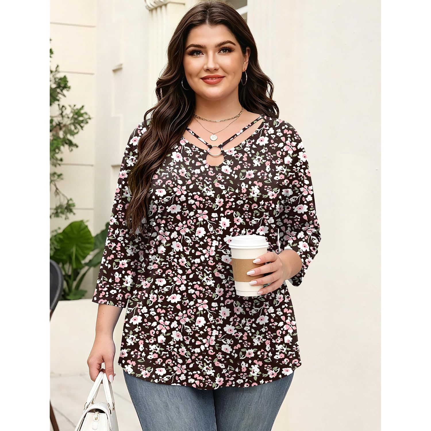 Rapbin Womens Plus Size Tops 3/4 Sleeve Shirts Summer Cut Out Ring Keyhole Neck Dressy Casual Loose Tunic Tops 1X-5X