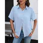 Womens Short Sleeve Button Down Shirts Casual V Neck Collared Blouses Work Tops