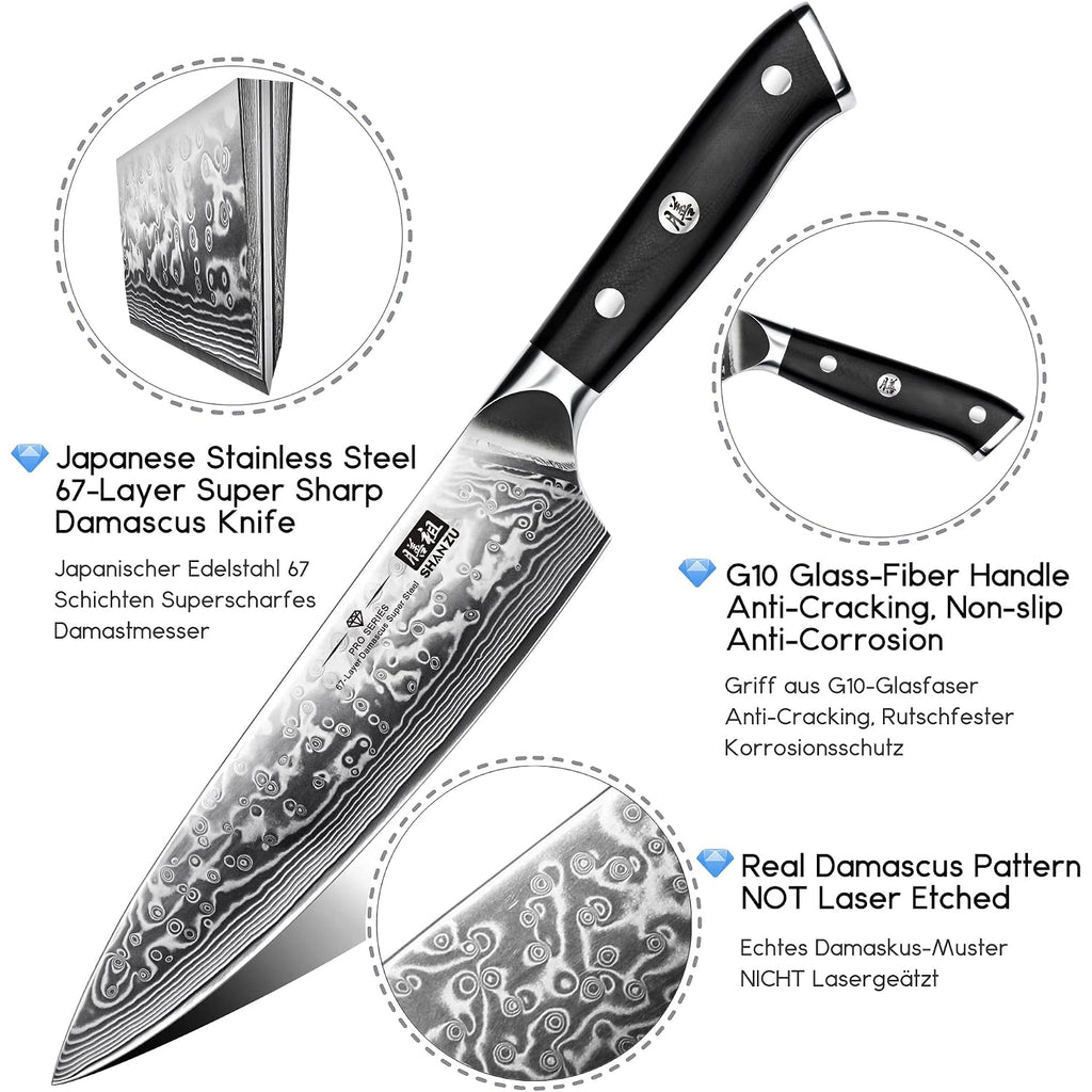 Shan Zu Chef Knife 8 Inch Japanese Steel Damascus Kitchen Knife, Professional Kitchen Knives Sharp High Carbon Super Steel Kitchen Utility Knife
