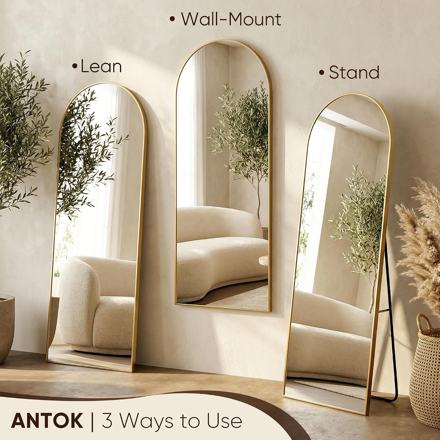 Antok 58" X19” Arched Full Length Floor Mirror, Gold Aluminum Frame, Free Standing/Wall Mount/Leaning For Bedroom, Living Room, Dressing Room