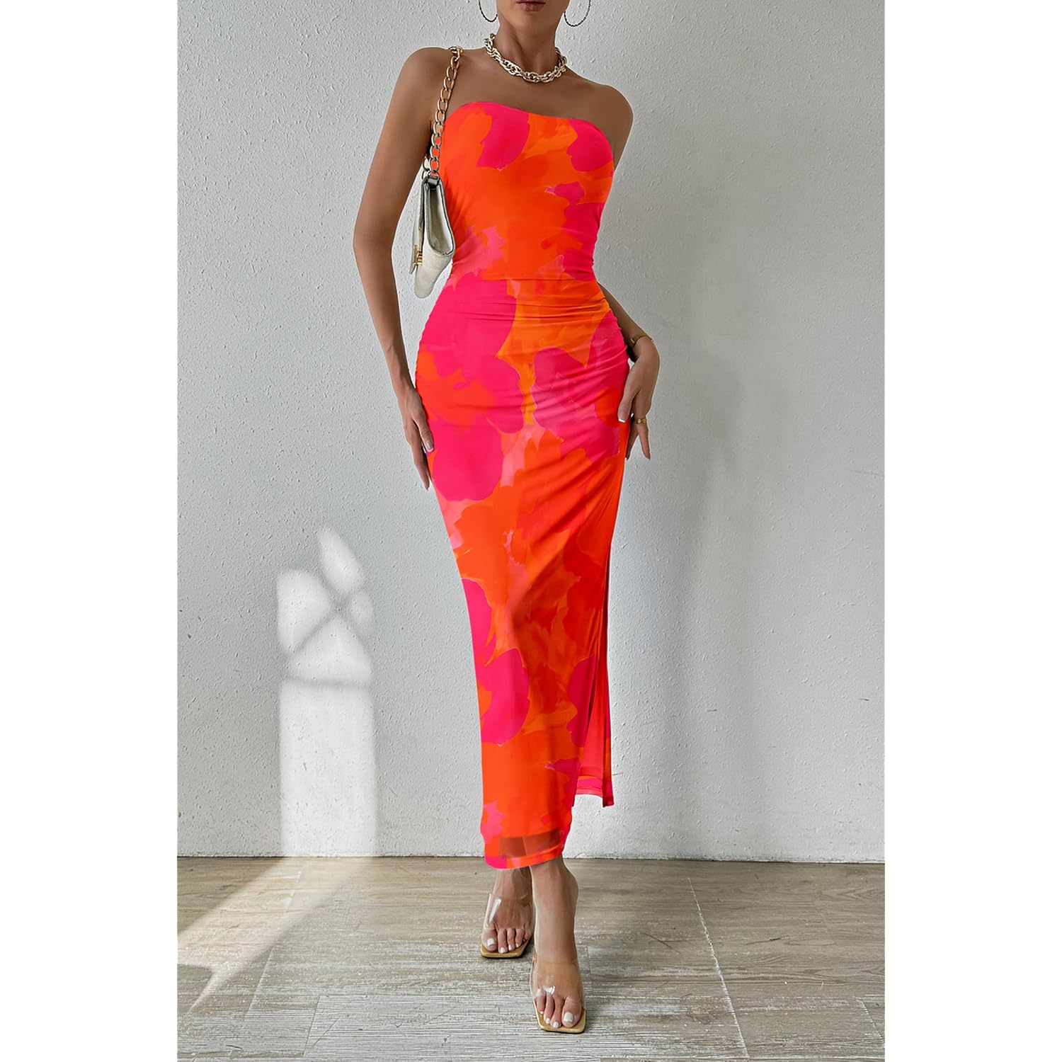 Prettygarden Women'S Summer Wedding Guest Dress Strapless Tube Top Maxi Bodycon Long Floral Mesh Beach Vacation Party Dresses