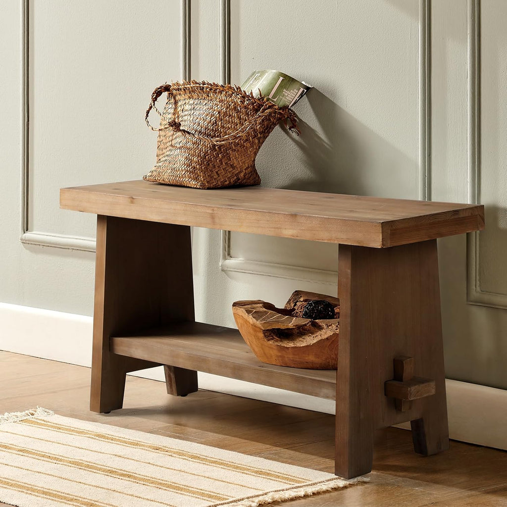 Solid Wood Entryway Bench - 31.5" Farmhouse Small Storage Bench, Rustic Narrow Bench Seat For Indoor, Entryway, Dining Room, Living Room And Hallway, Brown