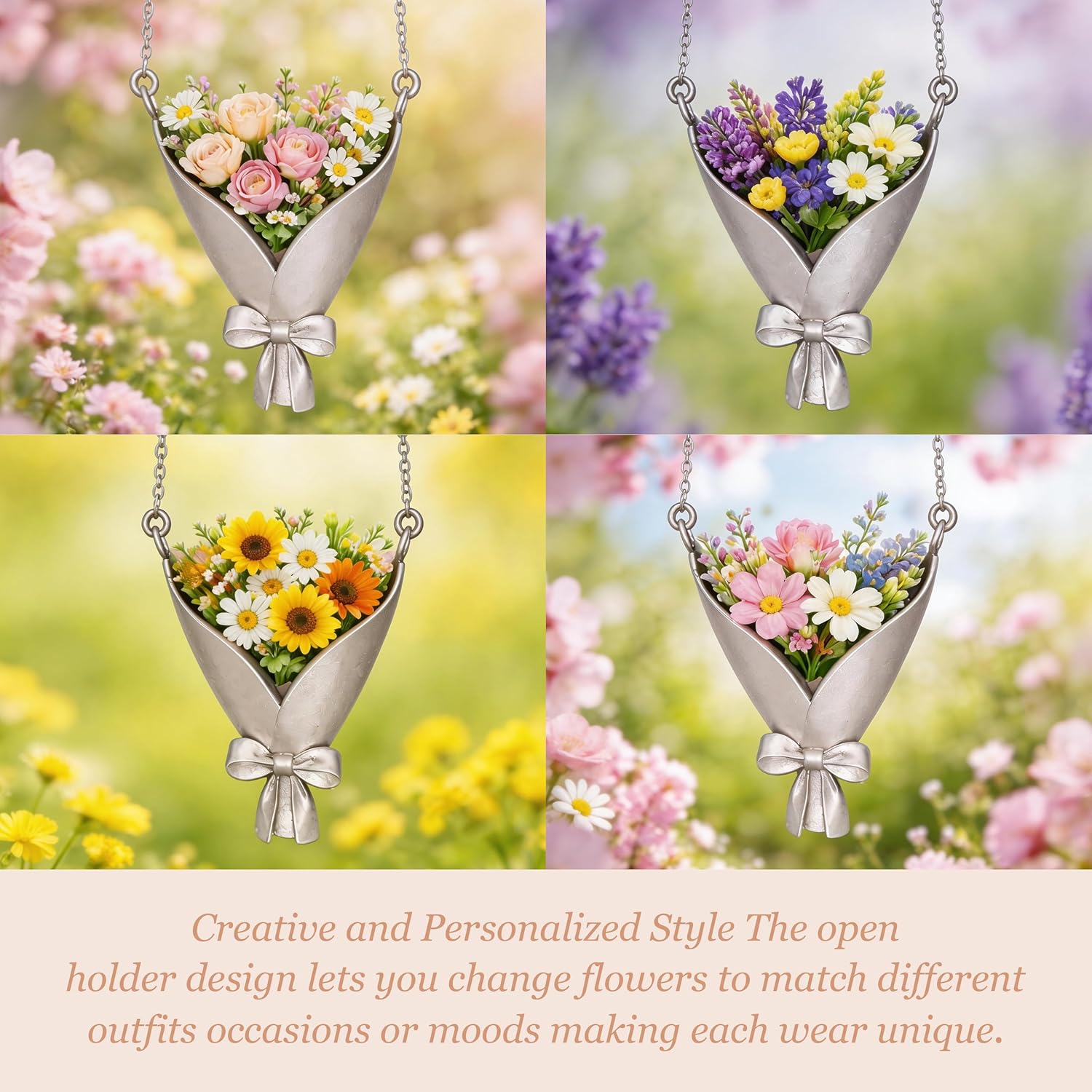 Roe Dolph Flower Bouquet Necklace Flower Holder Necklace Pendant Creative Floral Vase Necklaces Kawaii Aesthetic Spring Dresses Mothers Day Jewelry Gifts Graduation Gifts for Daughter 2026