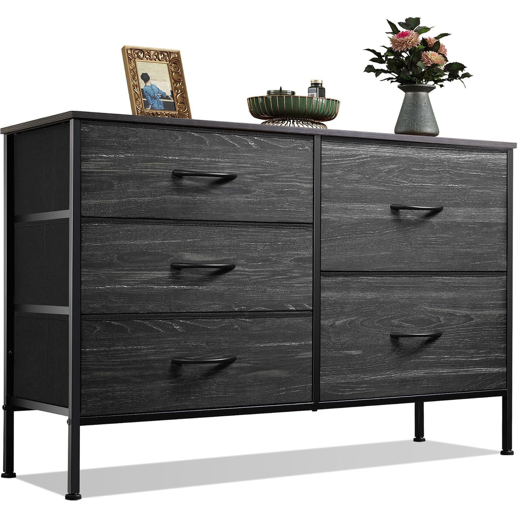 Wlive Dresser For Bedroom With 5 Drawers, Wide Dressers With Drawer Organizers, Chest Of Drawers, Fabric Dresser For Living Room, Closet, Hallway, Charcoal Black Wood Grain Print
