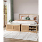 39.4" Fluted Shoe Storage Bench 2 Doors Wooden Entryway Bench Oak | 2 Tier Shoe Bench With Padded Cushion, Adjustable Shelves And 2 Doors, Curved Profile, For Hallway, Living Room, Bedroom
