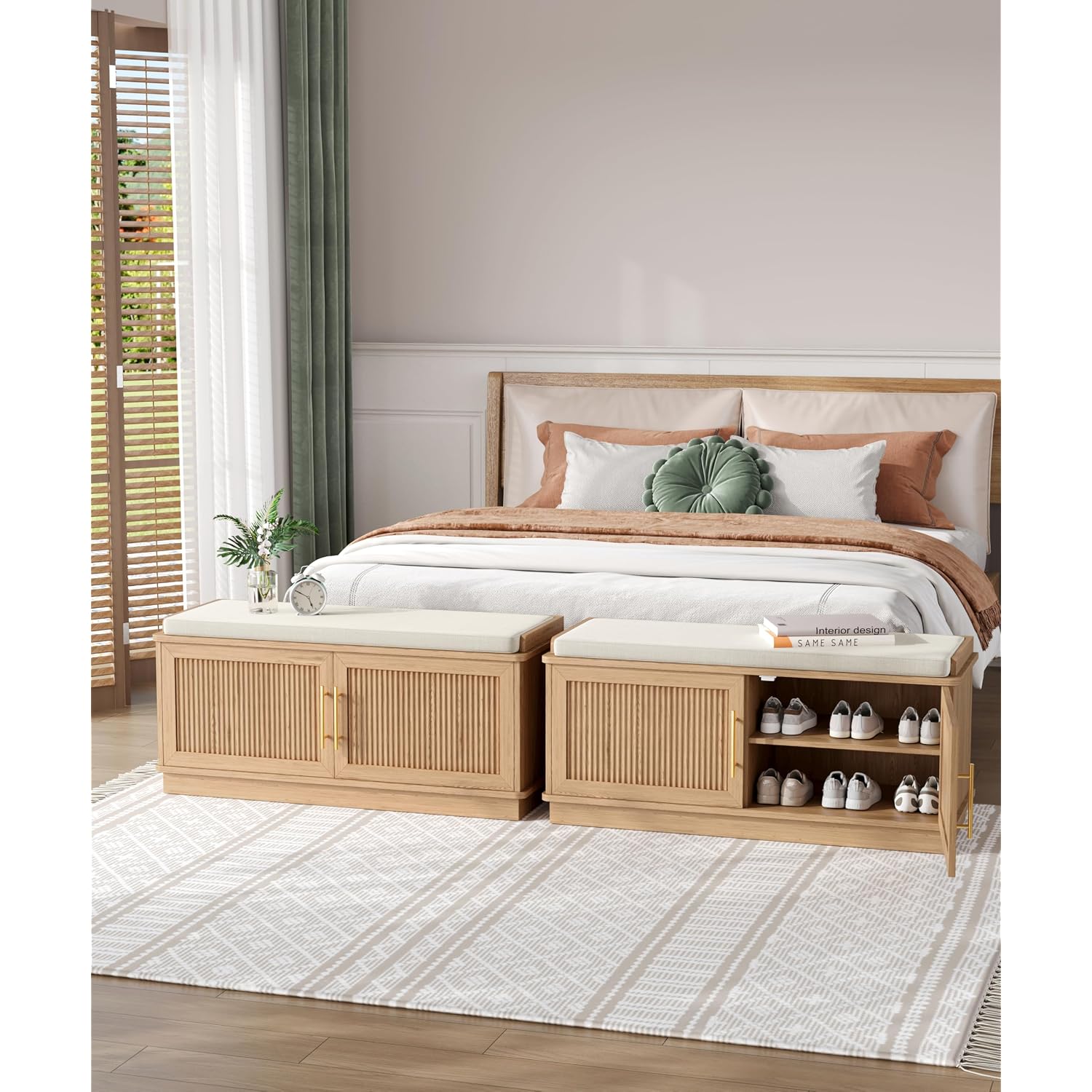 39.4" Fluted Shoe Storage Bench 2 Doors Wooden Entryway Bench Oak | 2 Tier Shoe Bench With Padded Cushion, Adjustable Shelves And 2 Doors, Curved Profile, For Hallway, Living Room, Bedroom