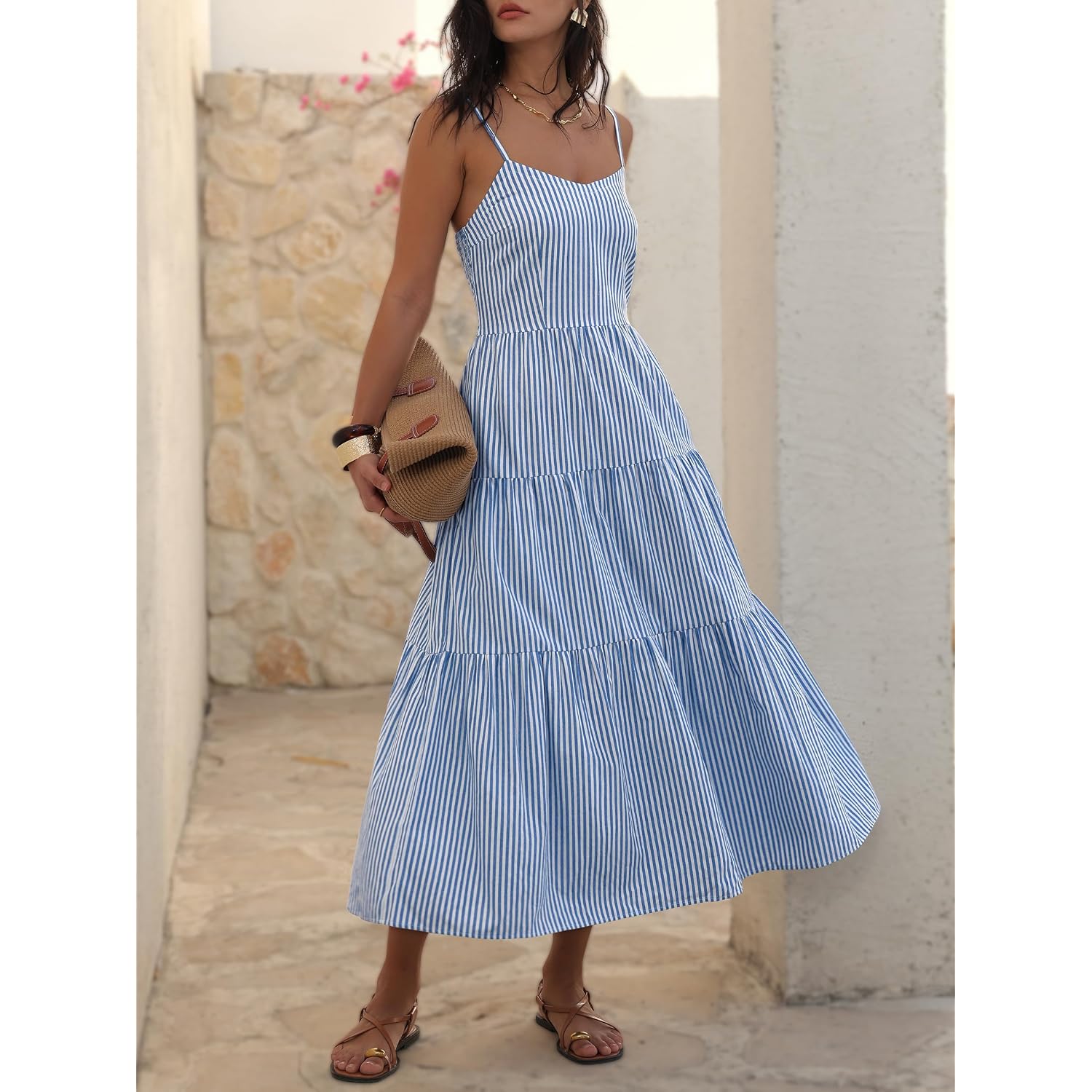 Anrabess Womens Summer Midi Dresses Casual Striped Plaid Sleeveless Flowy Maxi Dress 2026 Beach Vacation Sundress