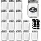 Rainforce 16 oz Mason Jars With Lids Regular Mouth 15 Pack-16oz Glass Jars with Silver Lids,Bulk Pint Clear Glass Jars For Meal Prep, Food Storage With 20 Labels