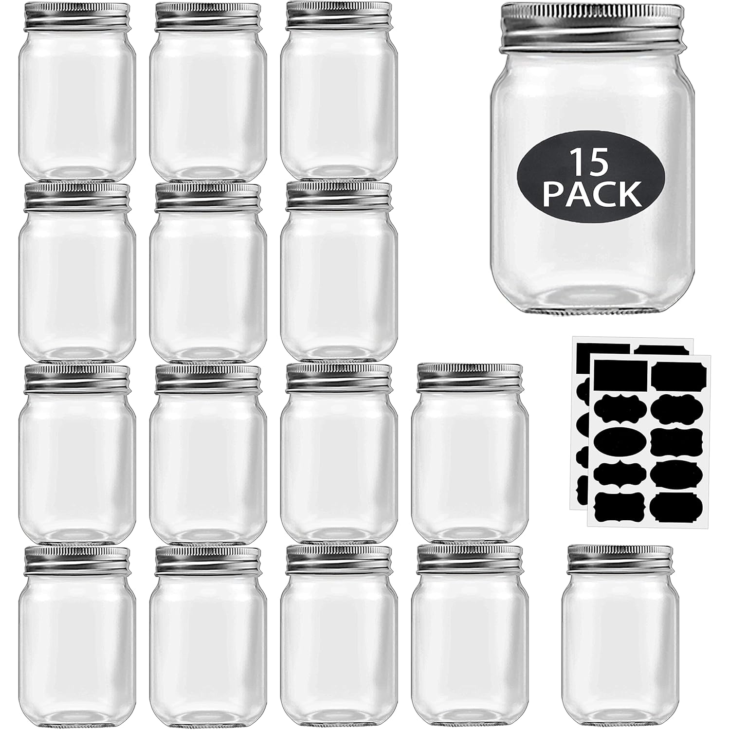 Rainforce 16 oz Mason Jars With Lids Regular Mouth 15 Pack-16oz Glass Jars with Silver Lids,Bulk Pint Clear Glass Jars For Meal Prep, Food Storage With 20 Labels