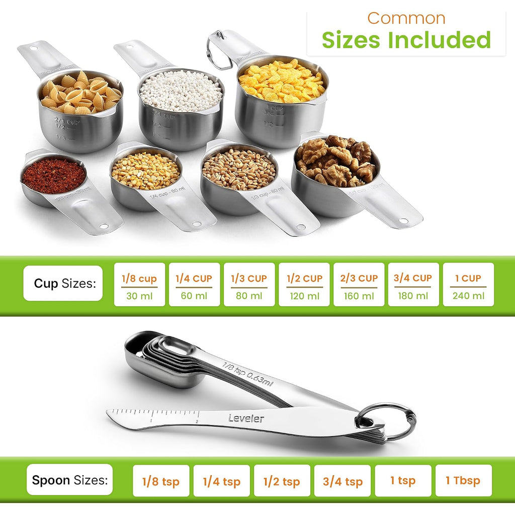 Spring Chef Stainless Steel Measuring Cups And Spoons Set Of 14 With Leveler, Nesting Kitchen Metal Measuring Cups And Spoons Set For Dry And Liquid Ingredients, Perfect For Cooking & Baking
