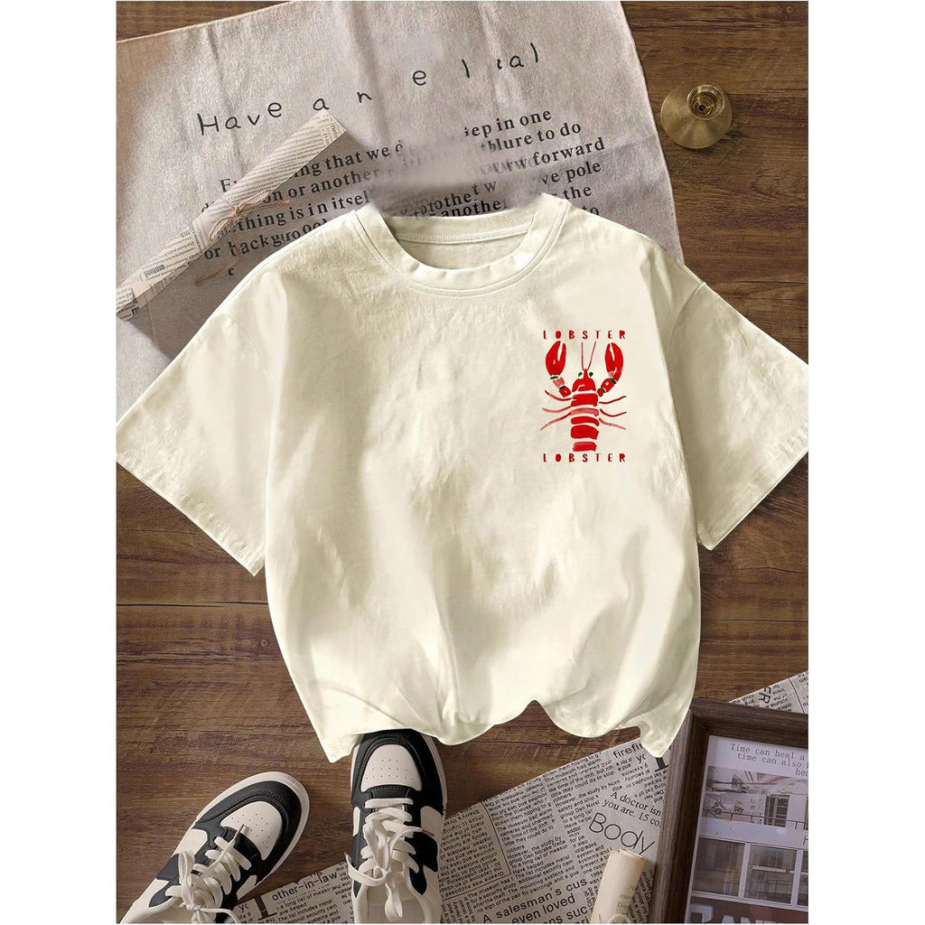 Verdusa Women's Summer Lobster Funny Shirts Drop Shoulder Graphic Tees Cute Shirts Beige