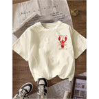 Verdusa Women's Summer Lobster Funny Shirts Drop Shoulder Graphic Tees Cute Shirts Beige