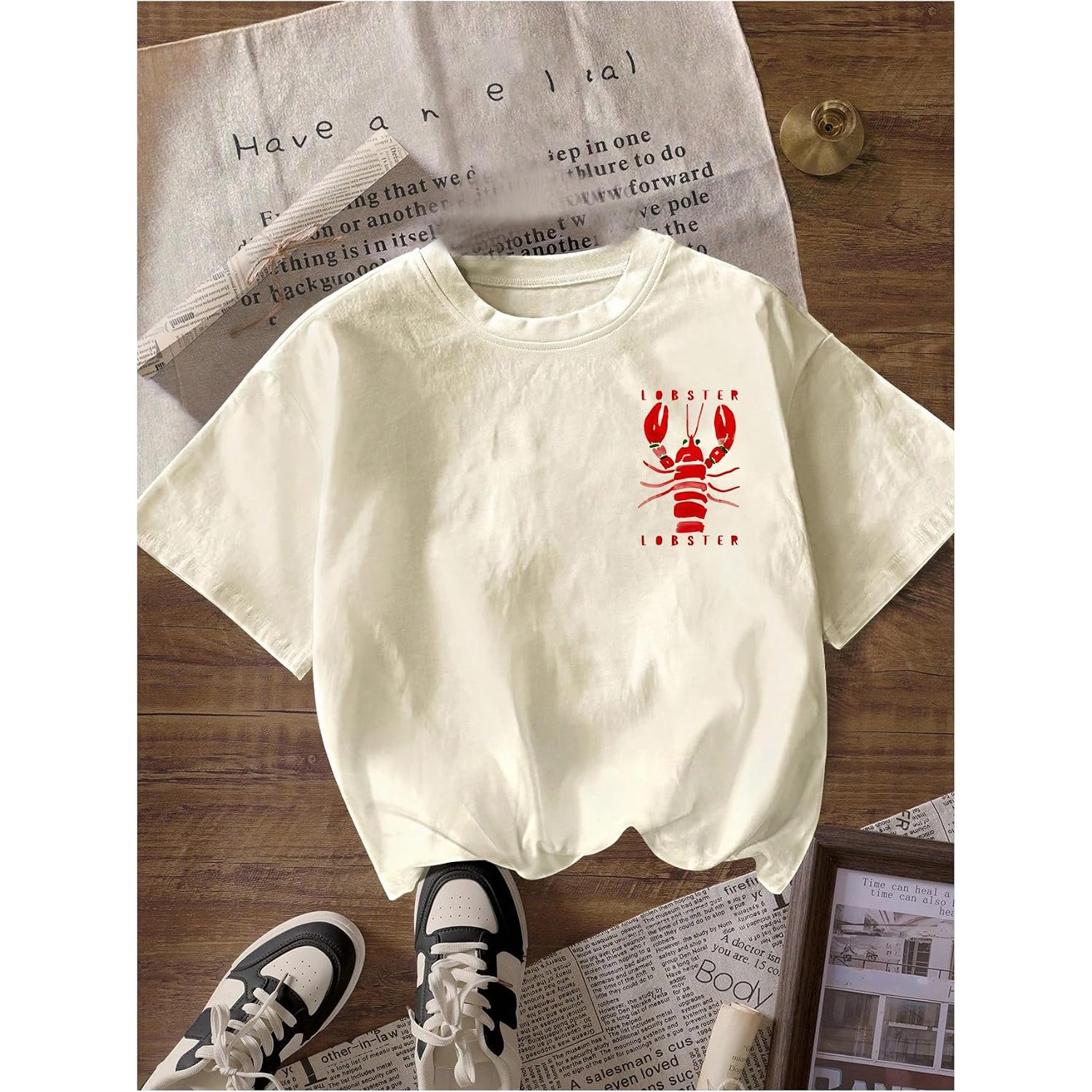 Verdusa Women's Summer Lobster Funny Shirts Drop Shoulder Graphic Tees Cute Shirts Beige