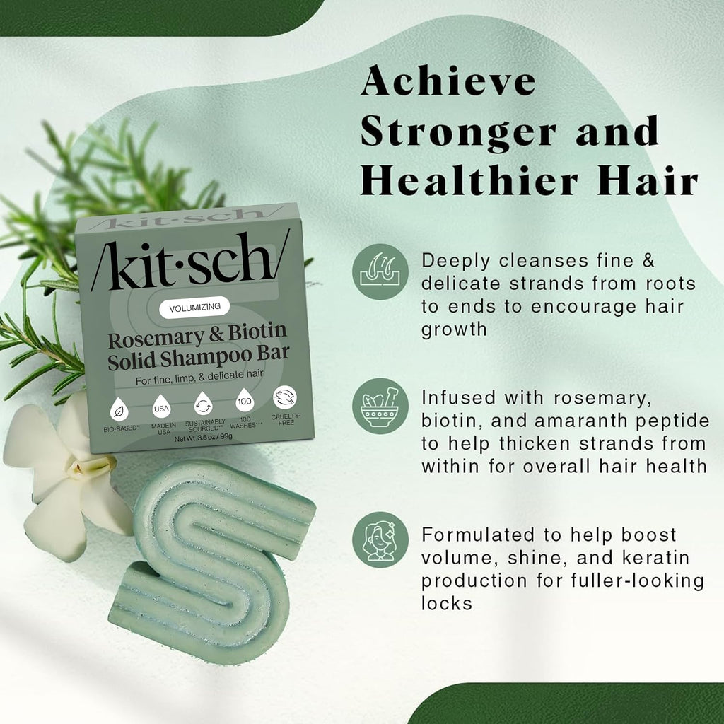 Kitsch Rosemary & Biotin Shampoo Bar - For Hair Growth, Strengthening, Thickening & Volumizing Shampoo For Women And Men - Free Of Parabens, Sulfates & Silicones - Made In Usa, 3.5 Oz