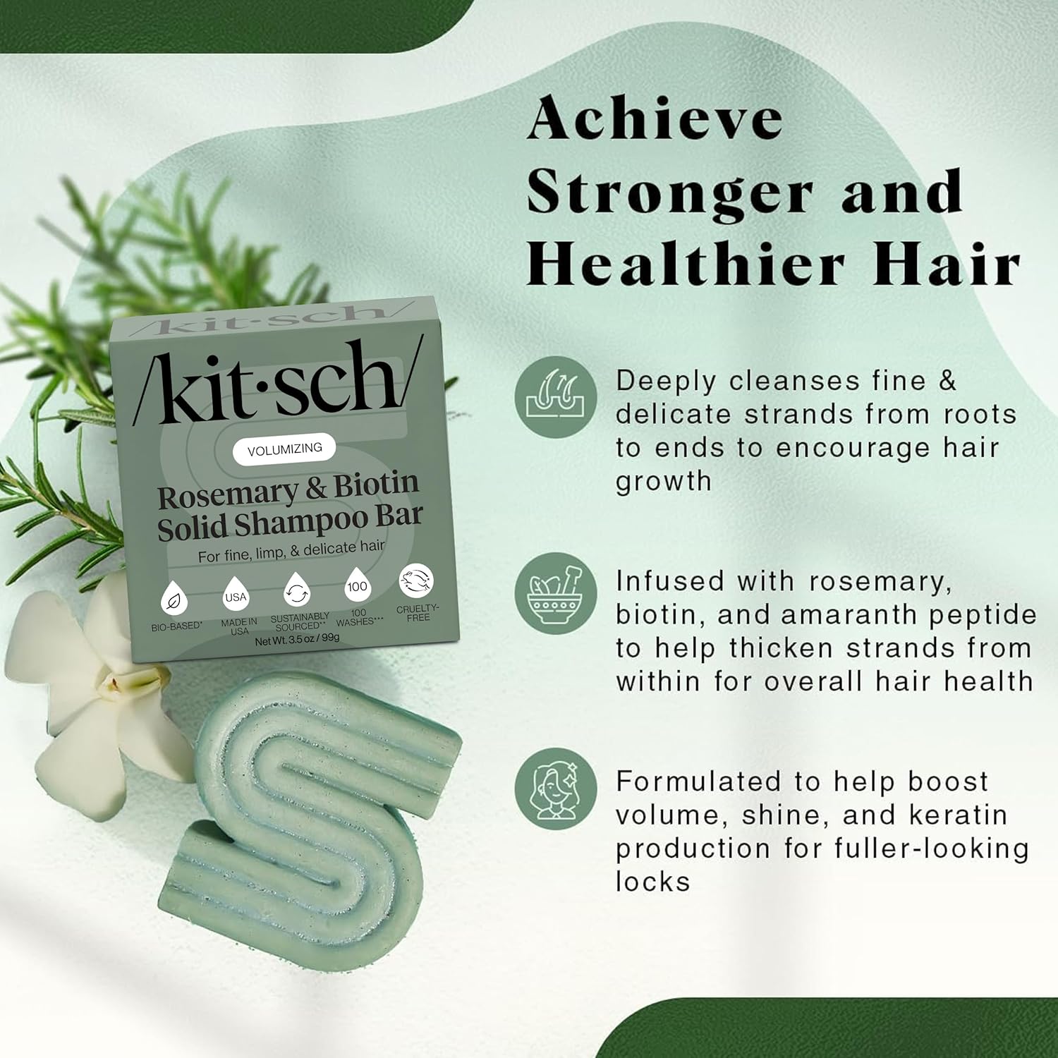 Kitsch Rosemary & Biotin Shampoo Bar - For Hair Growth, Strengthening, Thickening & Volumizing Shampoo for Women and Men - Free of Parabens, Sulfates & Silicones - 3.5 oz