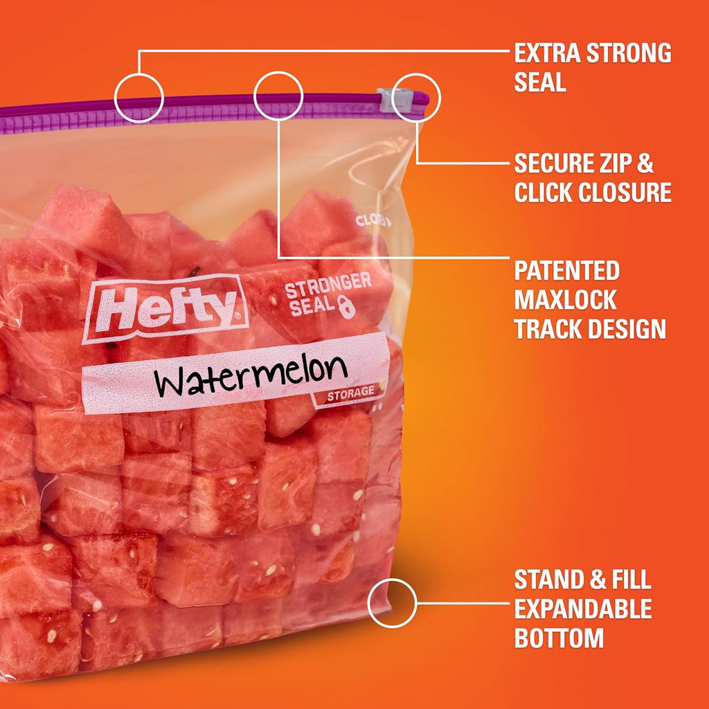 Hefty Slider Gallon Storage Bags, 66 Count, Gallon Size Slider Storage Bags for Storing Food, Bulk Snacks, Travel Toiletries, First Aid Kits, and More, Writable Label, Secure Zip and Click Closure