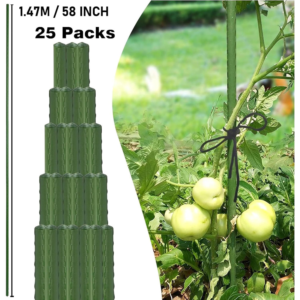 Garden Stakes, 25 Pack Steel Plant Garden Tomato Stakes With Plastic Coat For Climbing Plants (25 Pack 58 Inch)