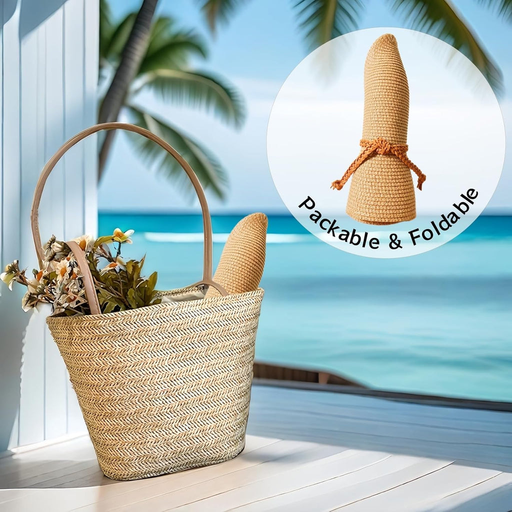 Beach Sun Straw Hats for Women, Summer Sun Protection Foldable Packable Wide Brim Hat