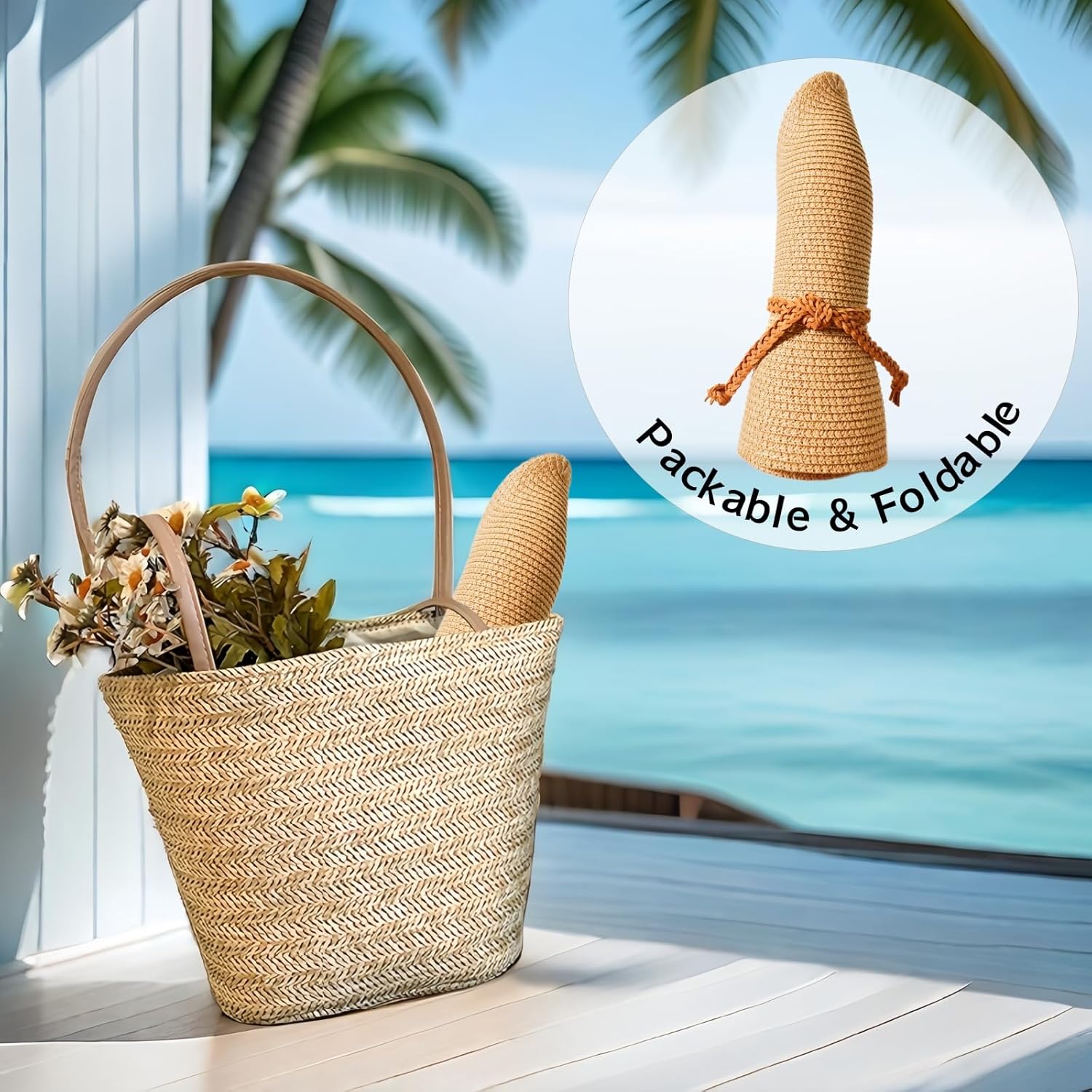 Beach Sun Straw Hats for Women, Summer Sun Protection Foldable Packable Wide Brim Hat