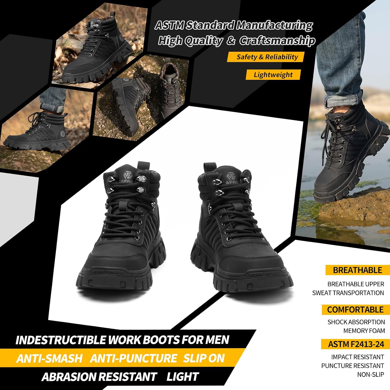 Kelodon Waterproof Steel Toe Boots For Men-6 Inch Comfortable Mens Safety Work Boots Indestructible Steel Toe Shoes Lightweight Non Slip Puncture Resistant Industrial Construction Boot