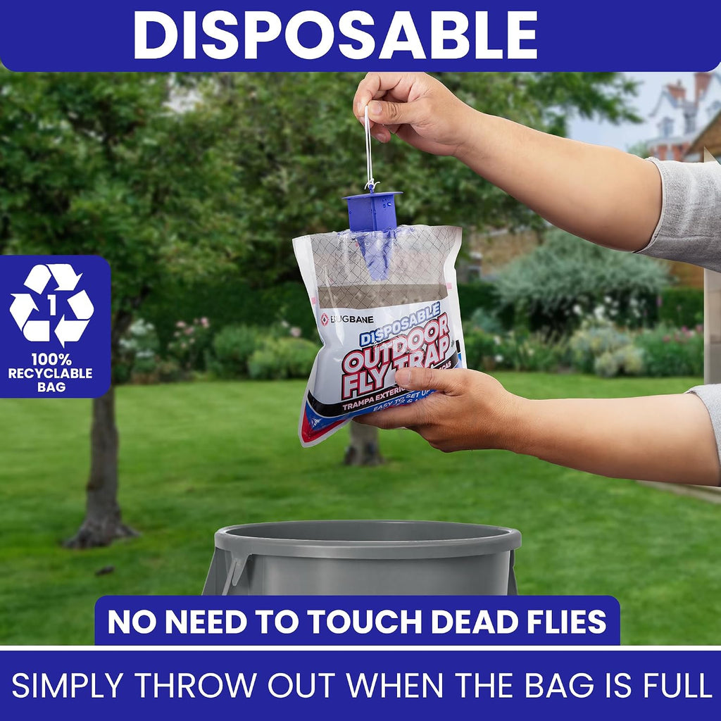 Fly Traps Outdoor Fly Trap For Patio. 4 Non-Toxic Pre-Baited Flies Bags Outdoor Disposable. Hanging Bug Catchers For All Filth Flies Killer For Outside Bug Control In Yard Horse Ranch Trash Can.