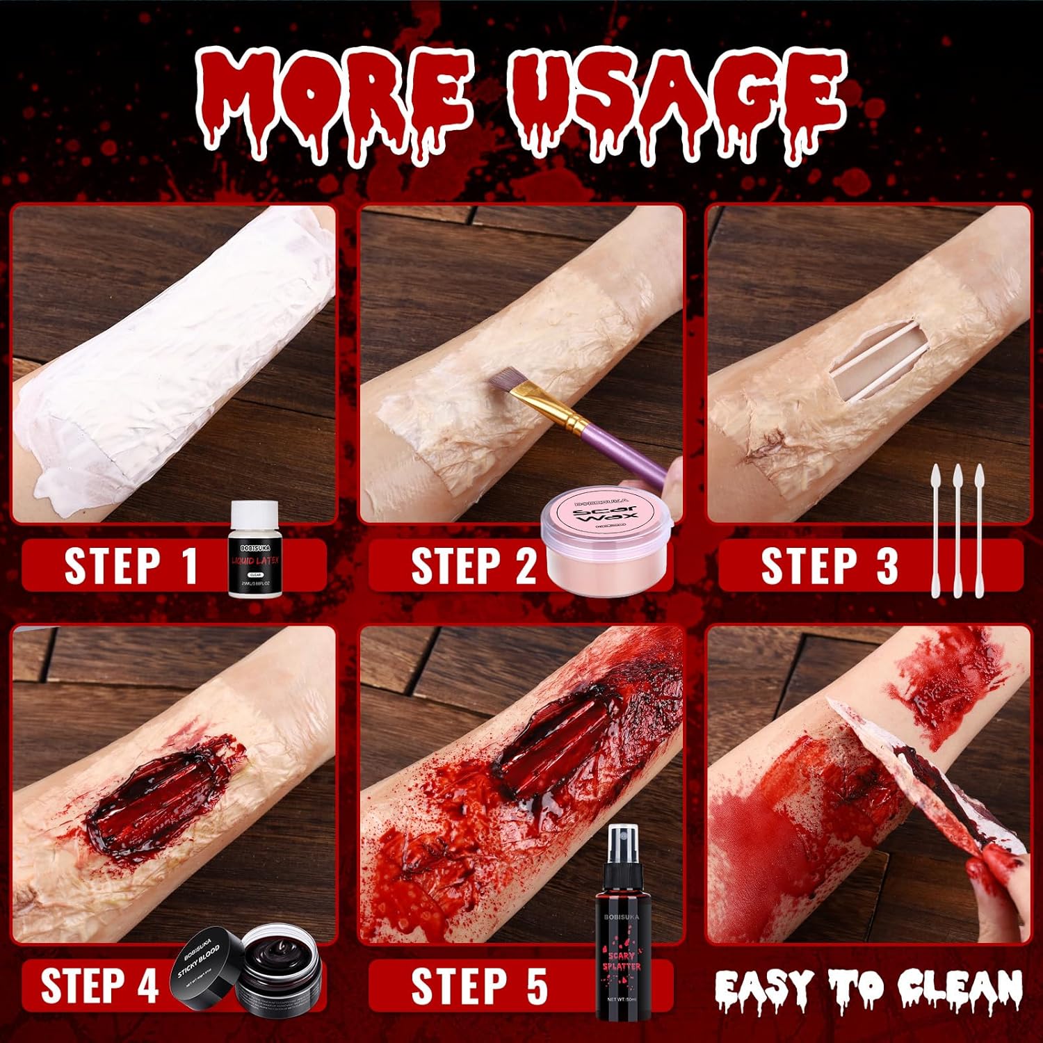 Special Effects SFX Halloween Makeup Kit - Bruise Makeup Face Body Painting Palette, Scar Wax, Liquid Latex, Fake Blood Splatter Spray, Coagulated Blood Gel, Stipple Sponges, Cotton Swab