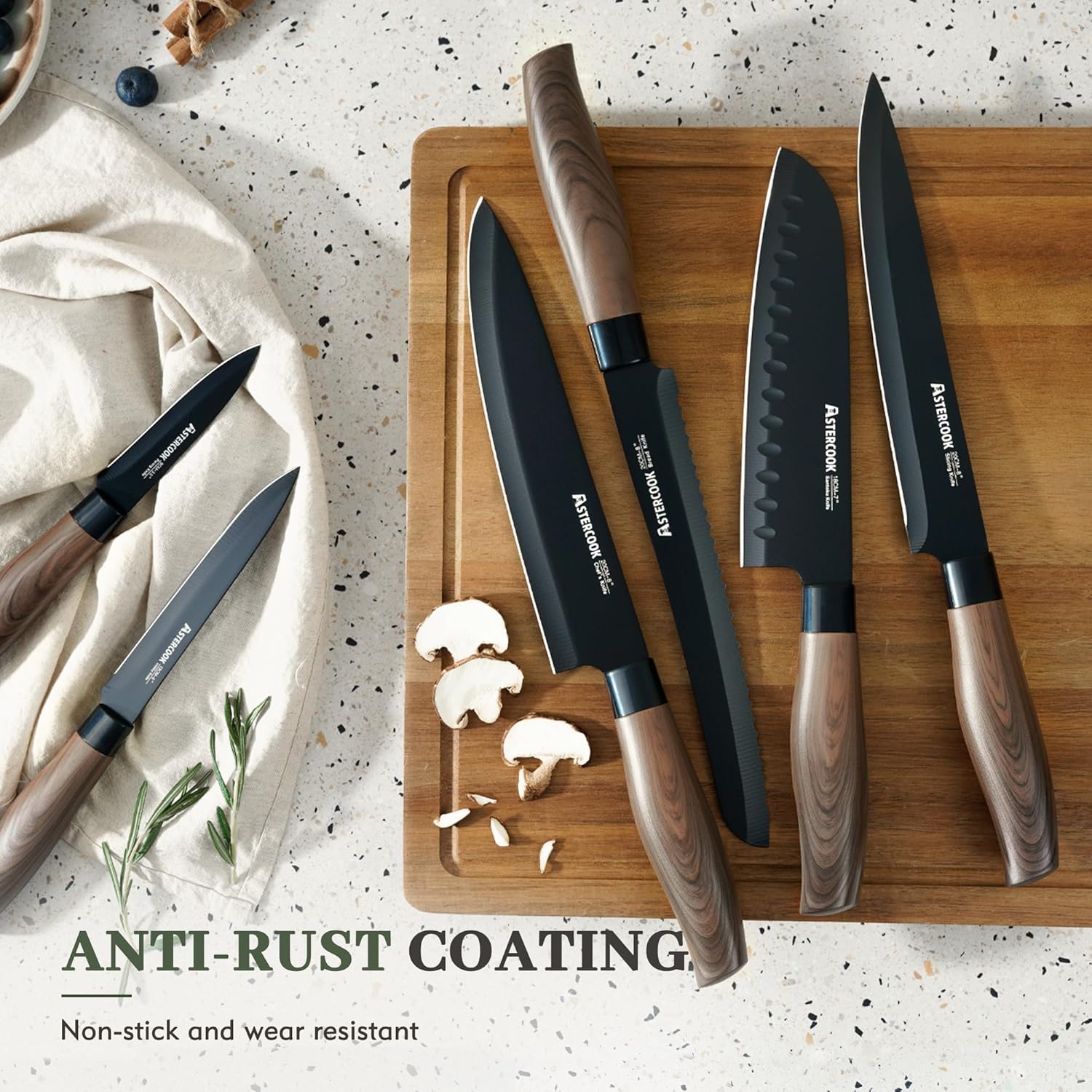 Astercook Knife Set, 13-Piece Kitchen Knives Set with 6 Blade Guards, Black Anti-Rust & Non-Stick Coating, Dishwasher Safe Stainless Steel Knives, Ergonomic Handle, Perfect for Holiday Gifts