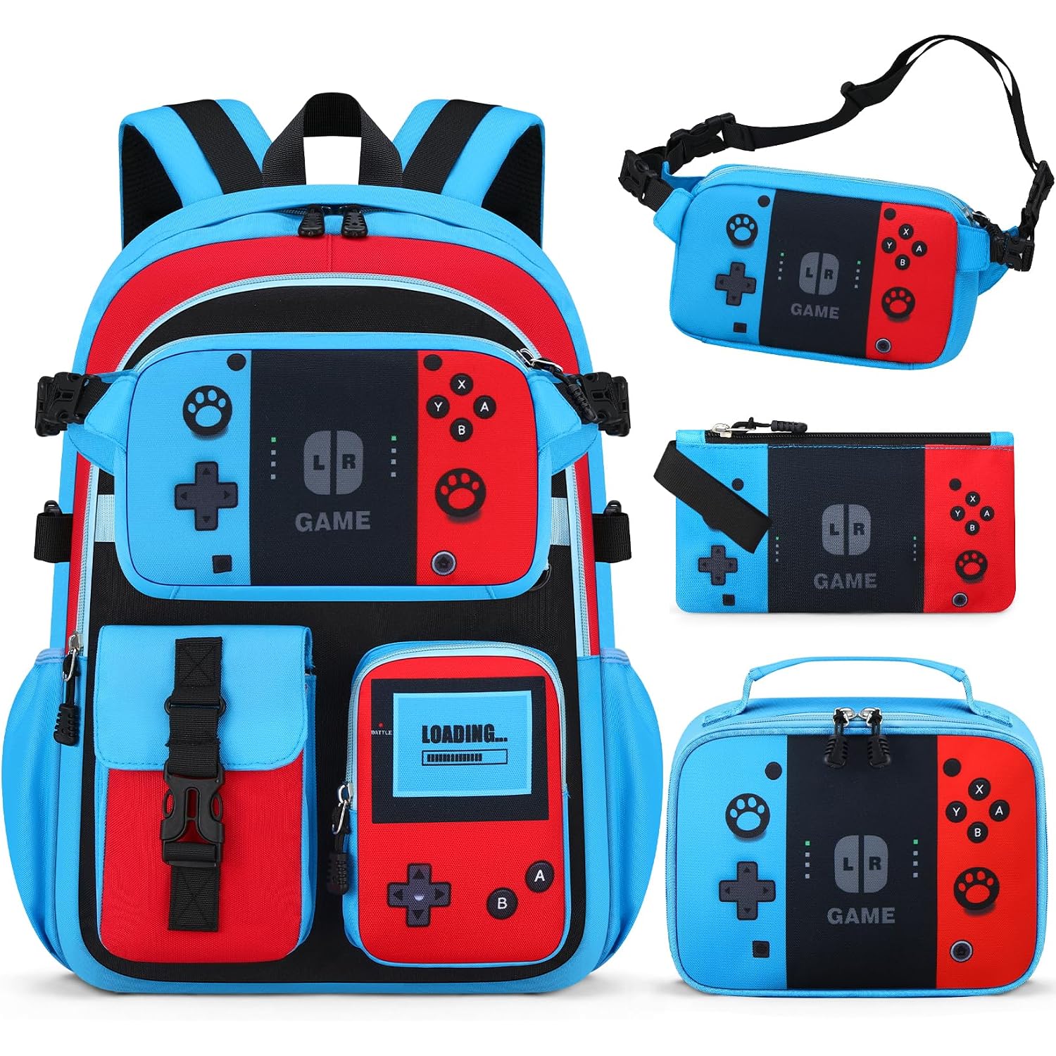 School Backpack For Boys - 4Pcs Gamer Boys Backpack With Lunch Box Set For Elementary Middle School - Students Bag For Ages 6-18,18″ Video Game Bookbag Travel Back Pack