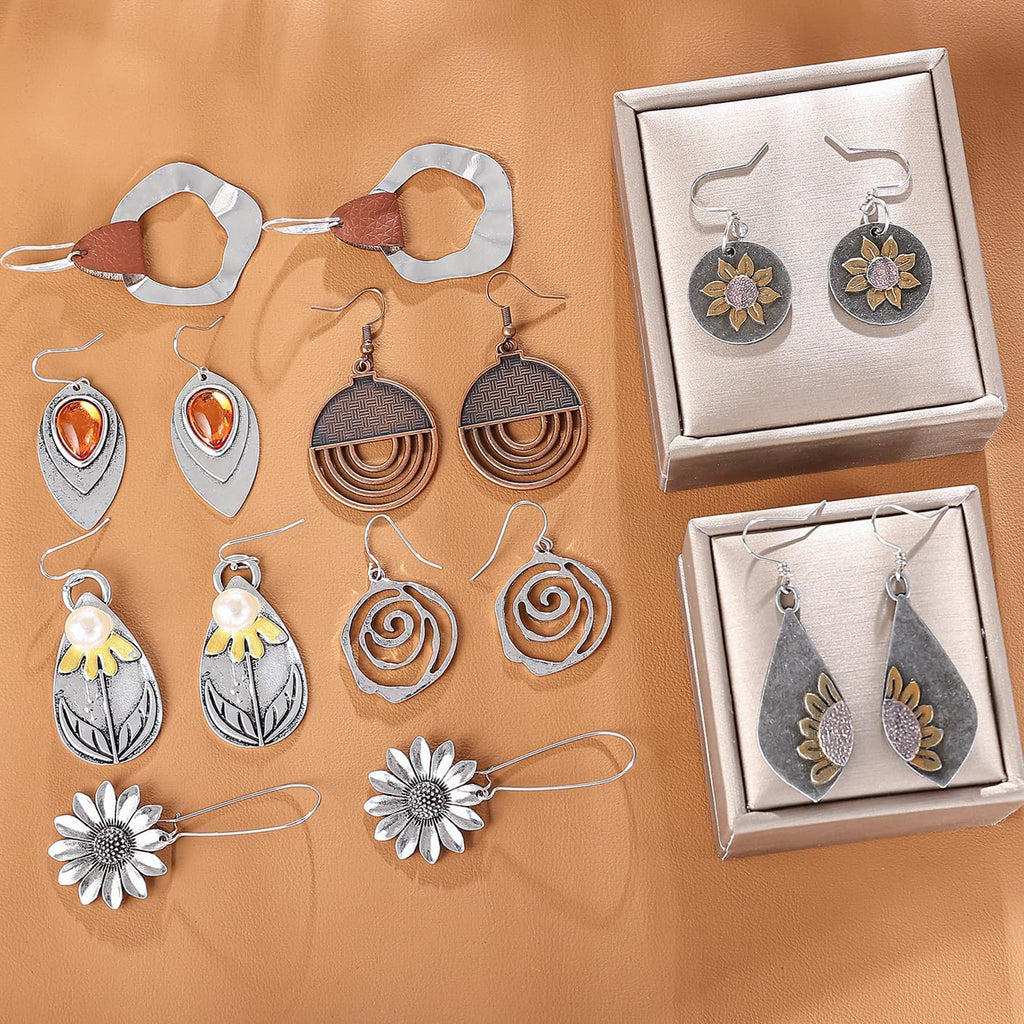 12 Pairs Boho Vintage Geometric Round Earrings Wooden Leather Ethnic Style Vintage Sunflower Earrings Christmas for Women