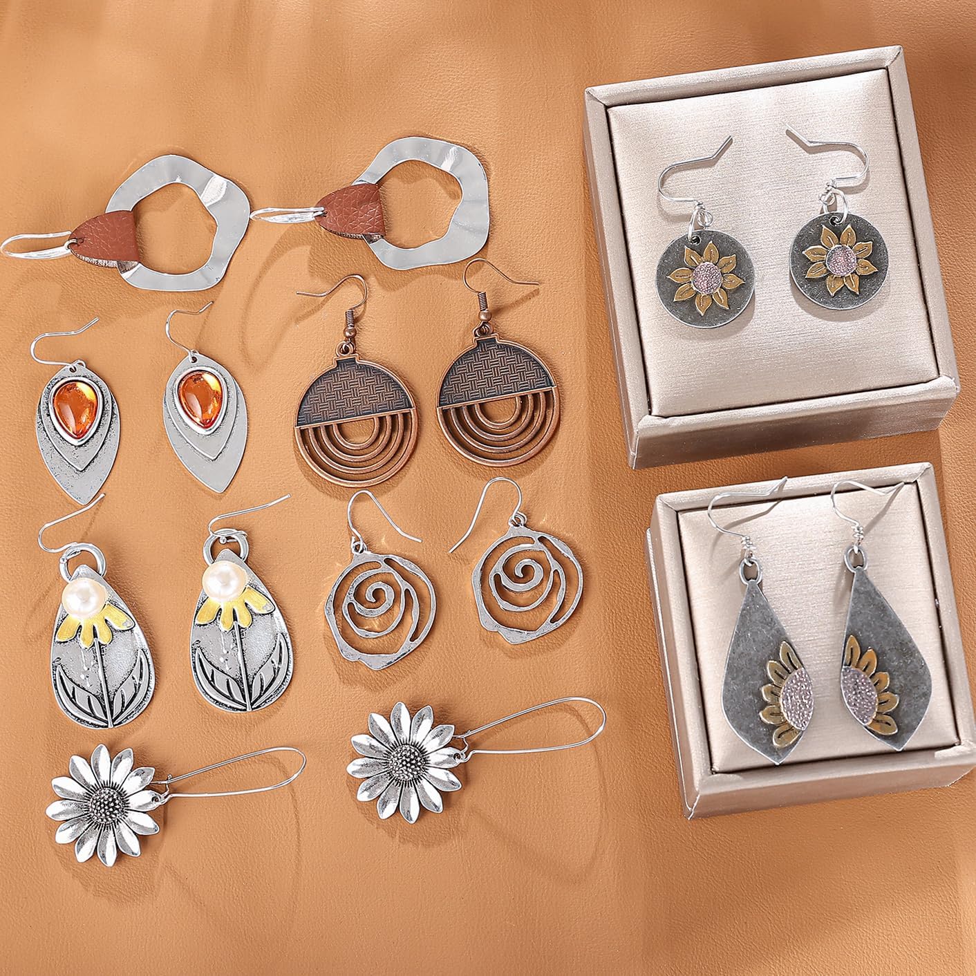 12 Pairs Boho Vintage Geometric Round Earrings Wooden Leather Ethnic Style Vintage Sunflower Earrings Christmas for Women