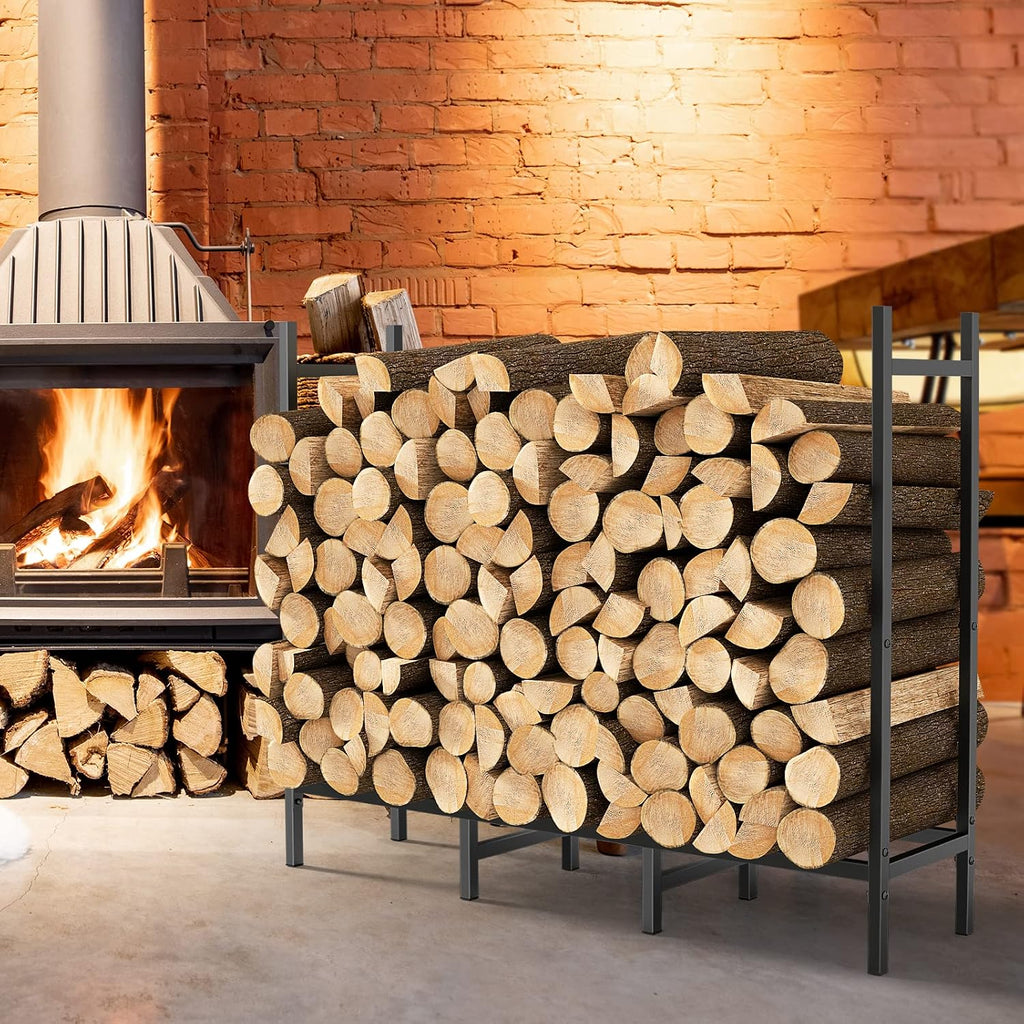4Ft Firewood Rack Holder For Fireplace, Adjustable Log Stand For Storage | Indoor/Outdoor, 8 Legs, Black, Heavy Duty Log Stand, For Patio, Weather-Resistant Tubular Stee, Easy Assembly