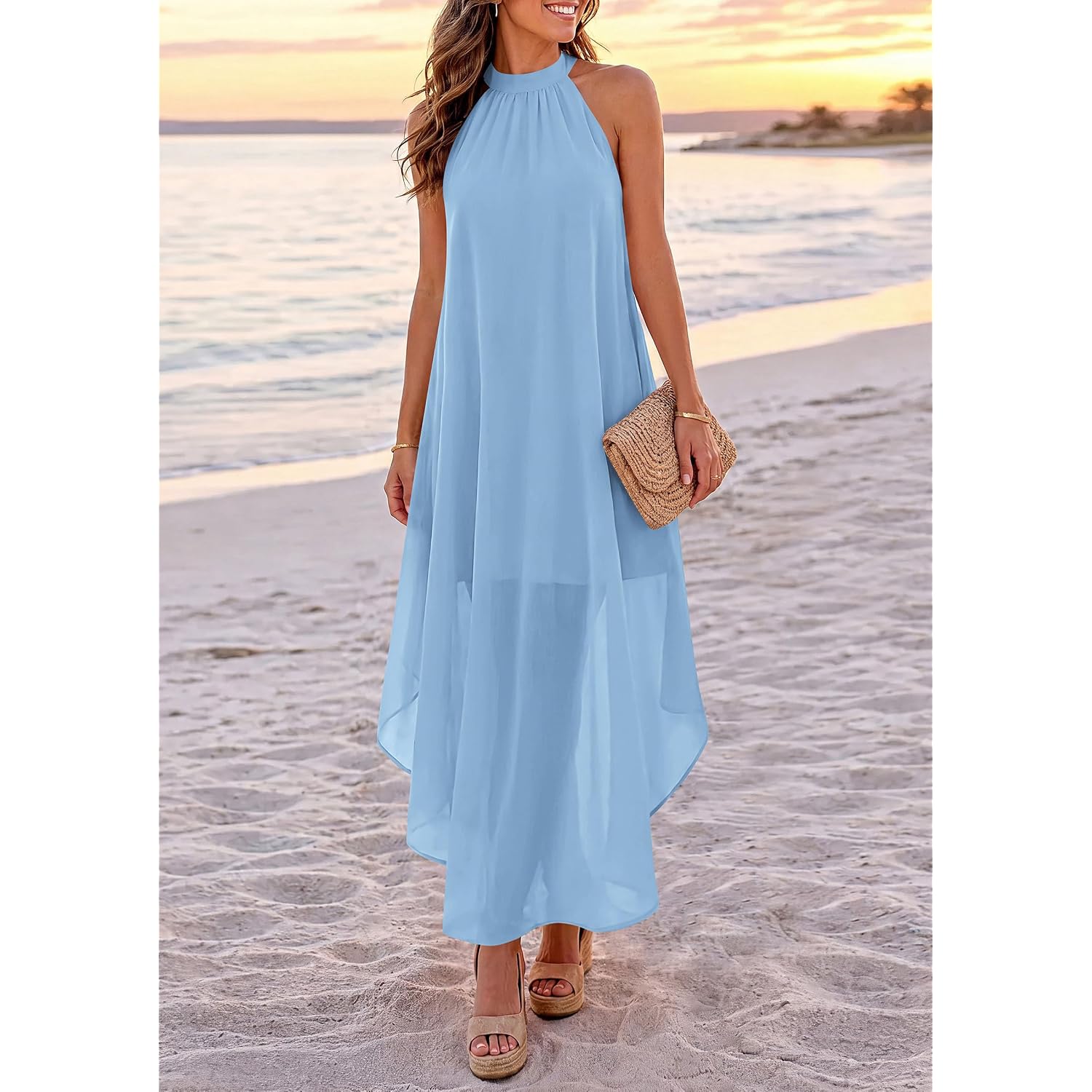 Prettygarden Summer Wedding Guest Dresses For Women 2026 Spring Long Flowy Halter Maxi Asymmetrical Beach Vacation Sundress