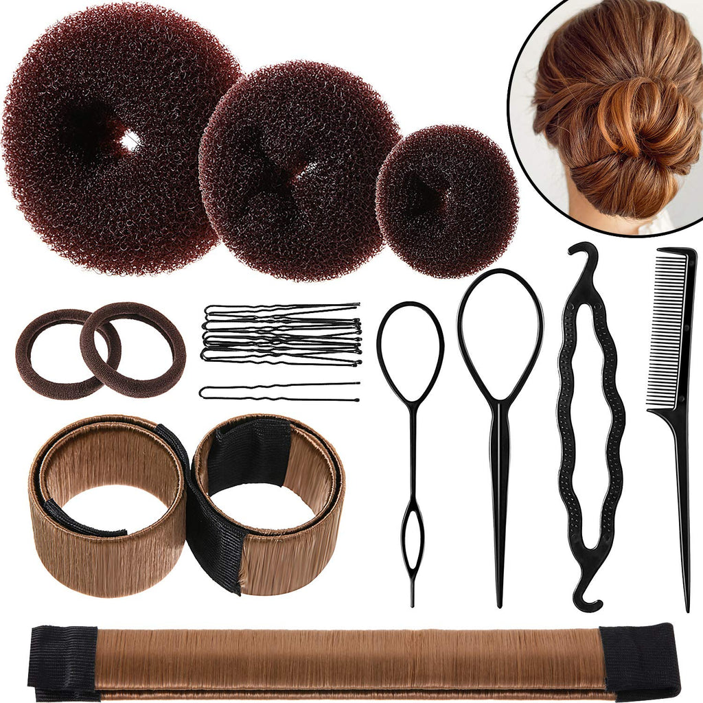 Willbond Hair Bun Shaper Set, 3 Pcs Hair Donut, 2 Pcs Bun Marker, 4 Pieces Ponytail Tool, 10 Pieces Bobby Pins And 2 Elastic Bands, Hairs Styling Accessories Maker Kit For Women(Brown）