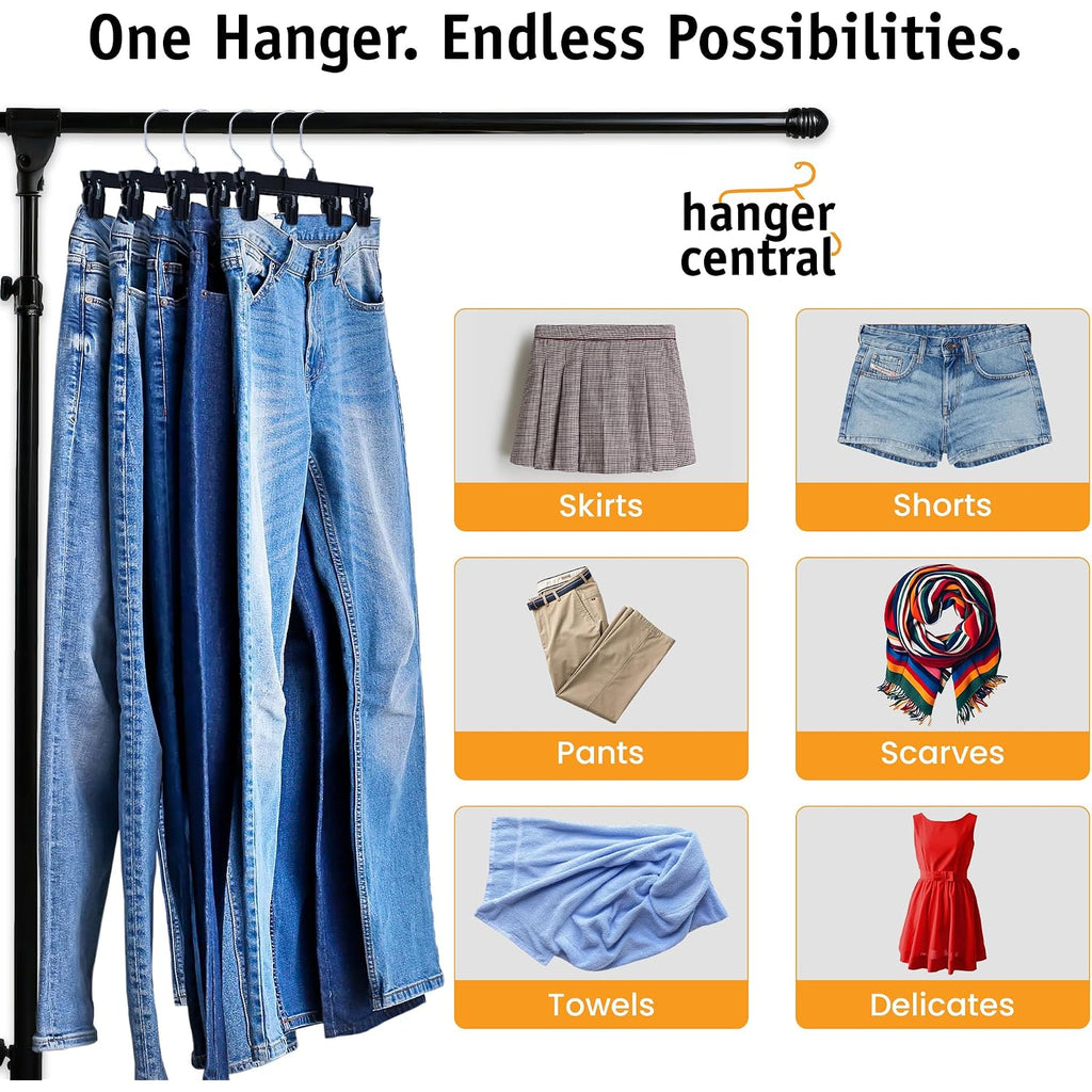 12 Inch 30 Pack Pants Hangers Slim Plastic Clothes Hangers With Clips For Skirts, Shorts & Trousers – Non Slip Grip, Heavy Duty Space Saver With Swivel Hook – Black Closet Organizer