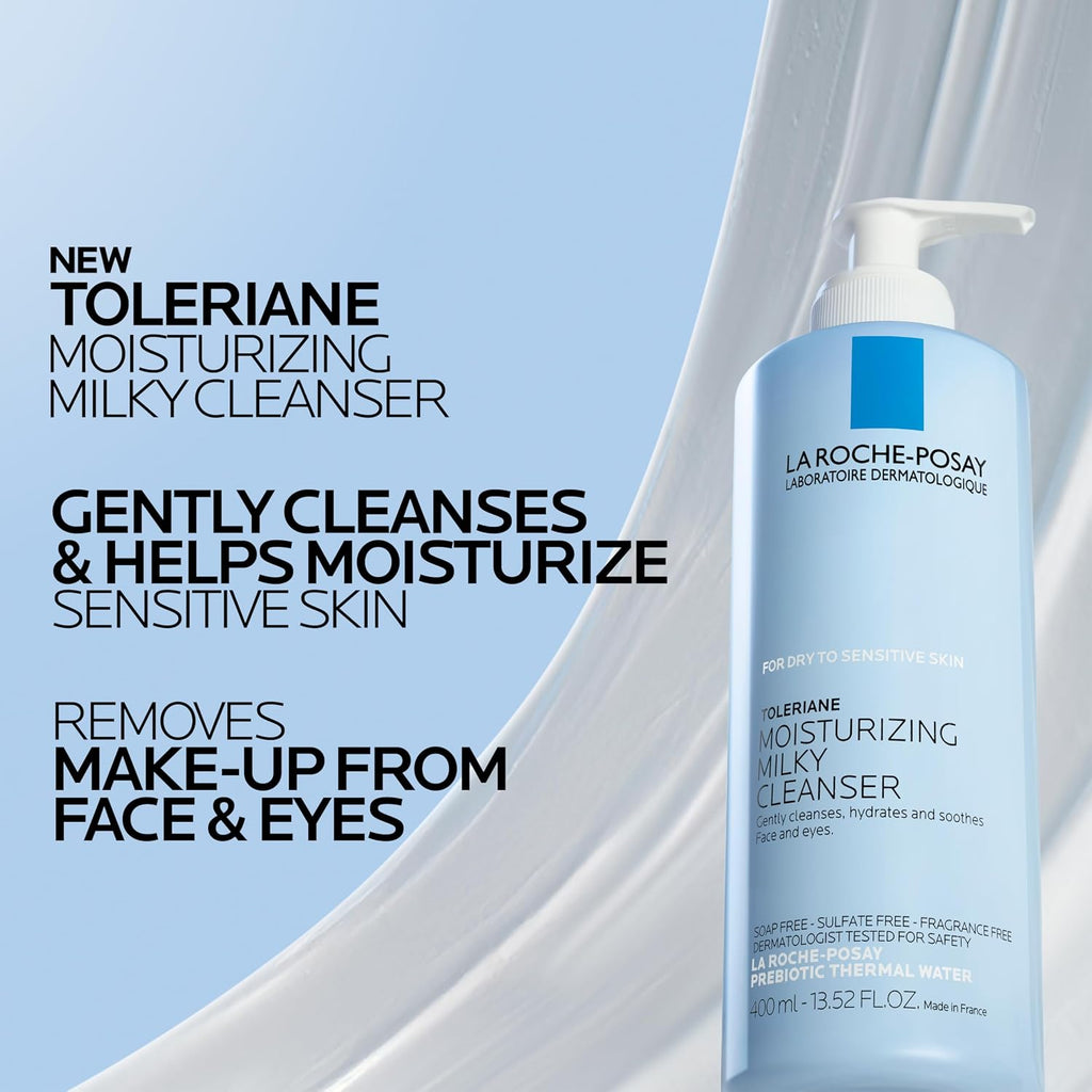 La Roche-Posay Toleriane Moisturizing Milky Cleanser, Gentle Face Cleanser With Glycerin For Dry, Sensitive & Allergy-Prone Skin, Face Wash For Hydration, Makeup Remover Cleanser, 13.5Fl Oz