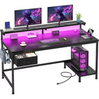 39.3" Gaming Desk With Power Outlet And Led Lights,Bedroom,Black | Computer Desk With Adjutable Monitor Stand,Fabric Drawer,Office Desk With Cpu Stand, Home Work,Study And Gaming,Small Spaces