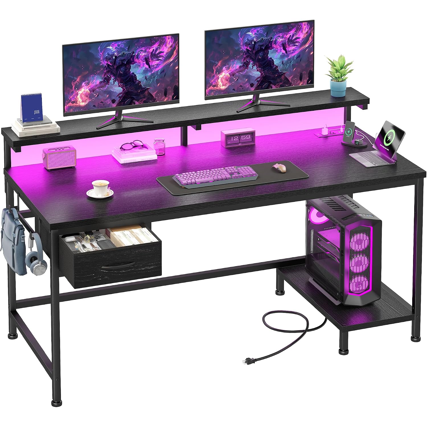 39.3" Gaming Desk With Power Outlet And Led Lights,Bedroom,Black | Computer Desk With Adjutable Monitor Stand,Fabric Drawer,Office Desk With Cpu Stand, Home Work,Study And Gaming,Small Spaces