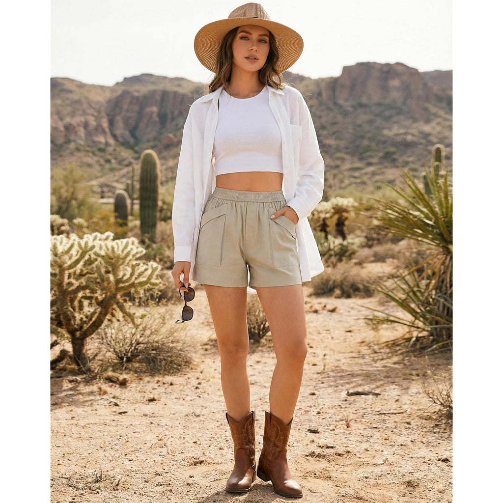 Shorts for Women Casual Cotton Wide Leg Elastic Waist Flowy Shorts with 4 Pockets Summer Beach Vacation Outfits