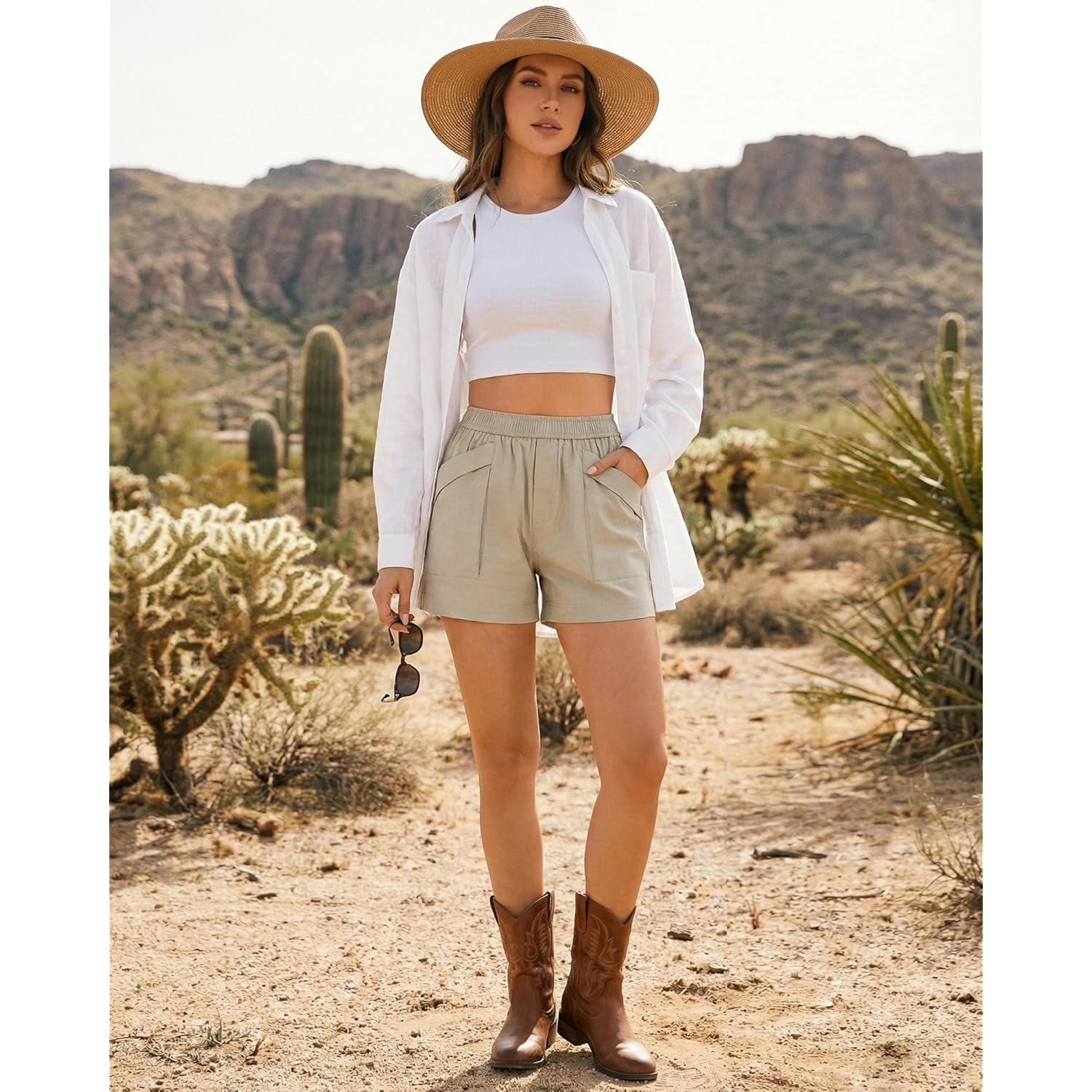 Shorts for Women Casual Cotton Wide Leg Elastic Waist Flowy Shorts with 4 Pockets Summer Beach Vacation Outfits