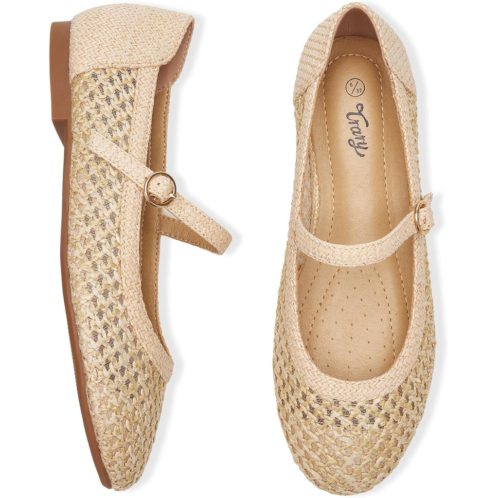 Trary Mary Jane Shoes Women Woven Flats for Women Mesh Rouned Toe Dressy Ballet Flat with Braided Adjustable Buckle Strap Spring Summer Comfortable Slip On Casual Cute Shoes