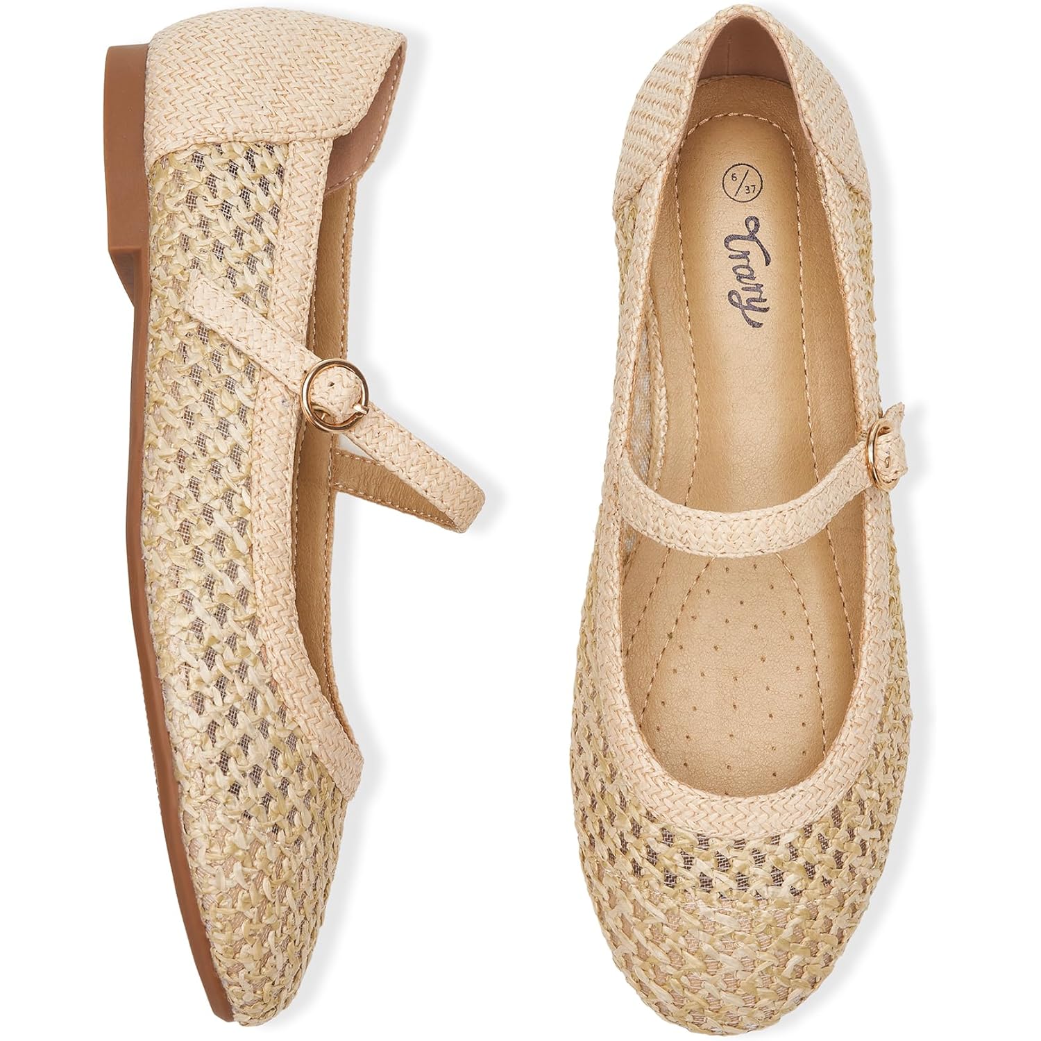 Trary Mary Jane Shoes Women Woven Flats for Women Mesh Rouned Toe Dressy Ballet Flat with Braided Adjustable Buckle Strap Spring Summer Comfortable Slip On Casual Cute Shoes