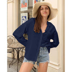 Womens Button Down Shirts Long Sleeve Linen Casual Collared Blouses Loose Fit