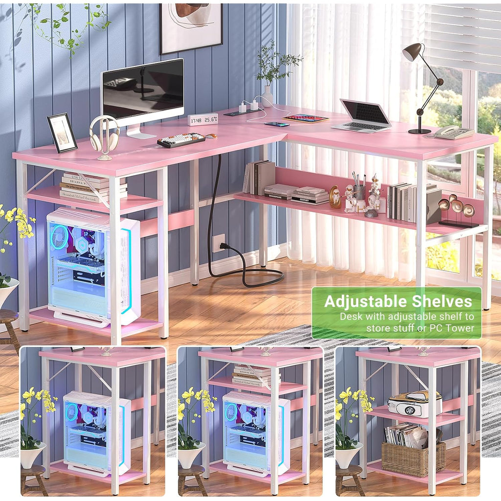 Unikito Reversible L Shaped Desk With Magic Power Outlets And Usb Charging Ports, Sturdy Corner Computer Desk With Storage Shelves, Gaming Table Home Office Desk, Easy To Assemble, Pink