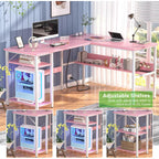 Unikito Reversible L Shaped Desk With Magic Power Outlets And Usb Charging Ports, Sturdy Corner Computer Desk With Storage Shelves, Gaming Table Home Office Desk, Easy To Assemble, Pink