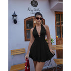 Beagimeg Women'S Sexy Bodycon Sleeveless Halter Tie Up Back Backless Deep V A-Line Club Party Mini Dress